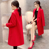 品牌2016新款秋冬新款韩版修身红色显瘦毛呢外套女中长款茧型大衣