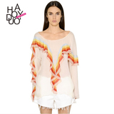 Haoduoyi2016夏装新款 时尚甜美荷叶边彩虹条纹拼接 宽松雪纺衬衫