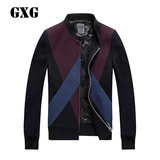 GXG男士冬季新款夹克 男装黑色拼接羊毛呢料立领外套 53121227
