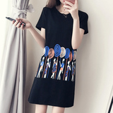 连衣裙女夏2016新款韩版中长款宽松显瘦个性卡通短袖圆领T恤裙子
