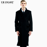 URSMART商务绅士新款男士修身羊毛呢大衣人气双排扣超长款男大衣
