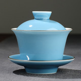 景德镇手绘盖碗天蓝色釉陶瓷大茶碗 青花 粉彩 三才盖碗 茶杯