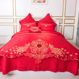 高档全棉四件套大红色婚庆十件套床品优质长绒棉贡缎刺绣提花被套