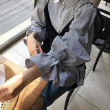 春季新款2016韩版女装时尚条纹长袖立领衬衫吊带背心套装女批发