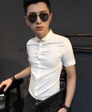 男士短袖衬衫夏季韩版青年男装理发店潮男士发型师夜店纯色寸衣衫