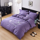 晨诗夜语纯色刺绣花全棉1.8m双人床单被套1.5m四件套件紫