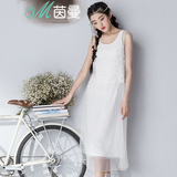 茵曼2016夏季新款蕾丝假两件无袖连衣裙女裙子白色中裙1862103632