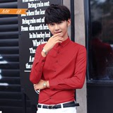 韩版发型师衬衫男修身结婚衬衣纯色男士长袖衬衫紧身潮男小码红色