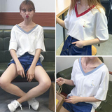 2016新款韩版宽松V领刺绣鸭子镂空短袖T恤女夏装学院风打底衫上衣
