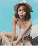2016夏季新款韩版俏皮蕾丝条纹三角比基尼泳衣女保守抹胸大荷叶边