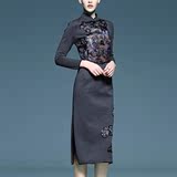 旗袍2015新款秋冬装长袖长款改良复古风欧根纱印花修身显瘦连衣裙