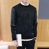 卫衣男圆领套头青少年学生韩版修身印花嘻哈时尚黑色卫衣打底衫潮