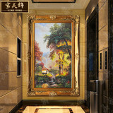 玄关装饰画竖版美式乡村纯手绘风景油画现代有框客厅过道走廊挂画
