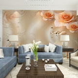 大型壁画电视客厅背景墙墙纸田园壁纸欧式风格浮雕立体玫瑰天鹅