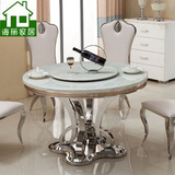 大理石圆形餐桌椅组合 欧式简约现代6人带转盘圆桌饭桌不锈钢餐桌