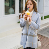 2015冬装新款 韩版中长款羊毛蓝格子毛呢外套 女潮格纹呢大衣
