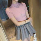 女装春秋季半高领短袖毛衣韩版修身纯色针织衫短款百搭薄款打底衫