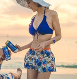 海边度假新款韩国代购 超美宝蓝色小胸聚拢挂脖比基尼泳衣Bikini