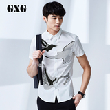 GXG短袖衬衫白色 夏季男士时尚修身小鸟印花衬衣男装 52123108