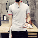 夏季男装新款立领纯棉体恤衫韩版修身潮流男士青少年休闲短袖T恤