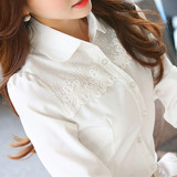 2016秋装新款韩版蕾丝白色长袖衬衫女 职业装打底修身雪纺衫衬衣