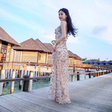 泰国旅游沙滩裙超仙立体花朵金线刺绣细纱网女神款抹胸长裙连衣裙