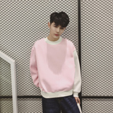 韩版小清新男生粉色休闲卫衣时尚异色袖棉卫衣圆领撞色宽松卫衣潮