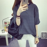 2016韩版女装黑白斑马条纹上衣中长款超大码宽松七分袖t恤女夏季
