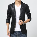 海宁皮衣韩版青年皮西装PU皮夹克短款修身外套时尚男士纯色皮西服