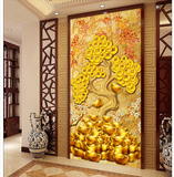 3D立体高档中式壁画玄关走廊过道背景墙壁纸招财树4D金银宝发财树