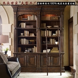 整体书柜美式纯实木定做仿古做旧雕花罗马柱原木色书柜定做家具