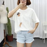 夏季新款韩版纯棉印花假口袋短袖T恤女宽松打底体恤衫上衣超薄款