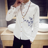 春装中国风青少年圆领亚麻衬衣男士棉麻衬衫学生长袖寸衫修身上衣