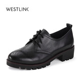 Westlink西遇2016秋季新款头层牛皮布洛克女鞋中跟英伦风女单鞋