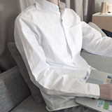 韩国暗扣立领复古纯色衬衫男长袖白色青年文艺宽松休闲衬衣日系潮