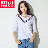 韩都衣舍2016韩版女装夏装新款显瘦V领条纹七分袖T恤YK6294鲲
