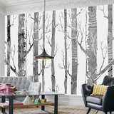 北欧现代简约壁纸 客厅沙发卧室电视背景墙墙纸壁画黑白树林