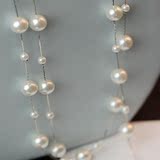 韩版时尚多层大小珍珠长款项链双层镀金小香风名媛金属长款毛衣链