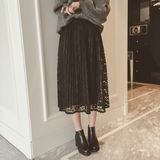韩国代购2016春季新款定制宽松显瘦 纯色中长款百褶蕾丝半身裙