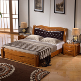 榆木床全实木 皮靠床1.8米高箱双人床头层真皮软靠床简约卧室家具