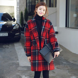 韩国代购秋冬装加厚夹棉红格子毛呢外套女韩版中长款呢子大衣冬季