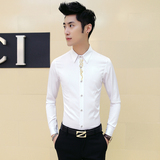 春季新款男士长袖衬衫韩版修身型尖领刺绣衬衣发型师修身潮男寸衫