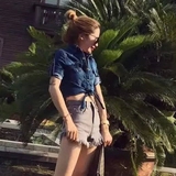 2016夏新款时尚翻领牛仔短袖衬衫女韩版系带打结短款露脐衬衣上衣