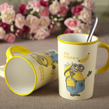 小黄人陶瓷杯子 卡通马克杯 创意情侣杯咖啡杯个性水杯子带盖带勺