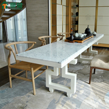 现代中式长方形餐桌椅组合天然大理石餐台白色哑光铁烤漆饭桌定做