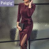 Palglg2016春装新款女装修身显瘦中长款系带包臀丝绒连衣裙礼服裙