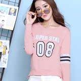 2015年新款韩版女装上衣短款粉色印花秋季长袖卫衣女套头学生韩国