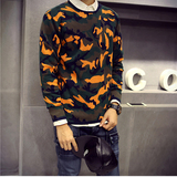 秋冬日系复古圆领套头迷彩毛衣外套男装韩版修身青少年学生针织衫