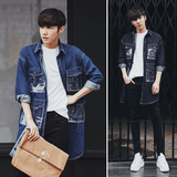 2016韩版风衣中长款纯色透明口袋牛仔夹克男外套时尚青少年