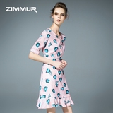 Zimmur2016早秋新款短袖鱼尾短款连衣裙圆领中腰气质时尚印花中裙